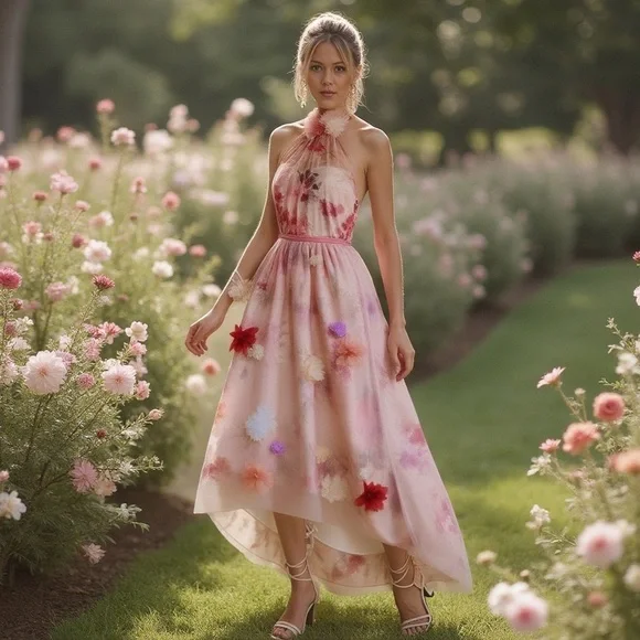 Elegant Pink Floral Halter Dress - Picture 2 of 3